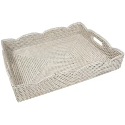 Caspari Summer Picnic|Cocktail Party|Large Scalloped Rattan Tray in Cream- 19.5"L x 15.75"W x 4"H