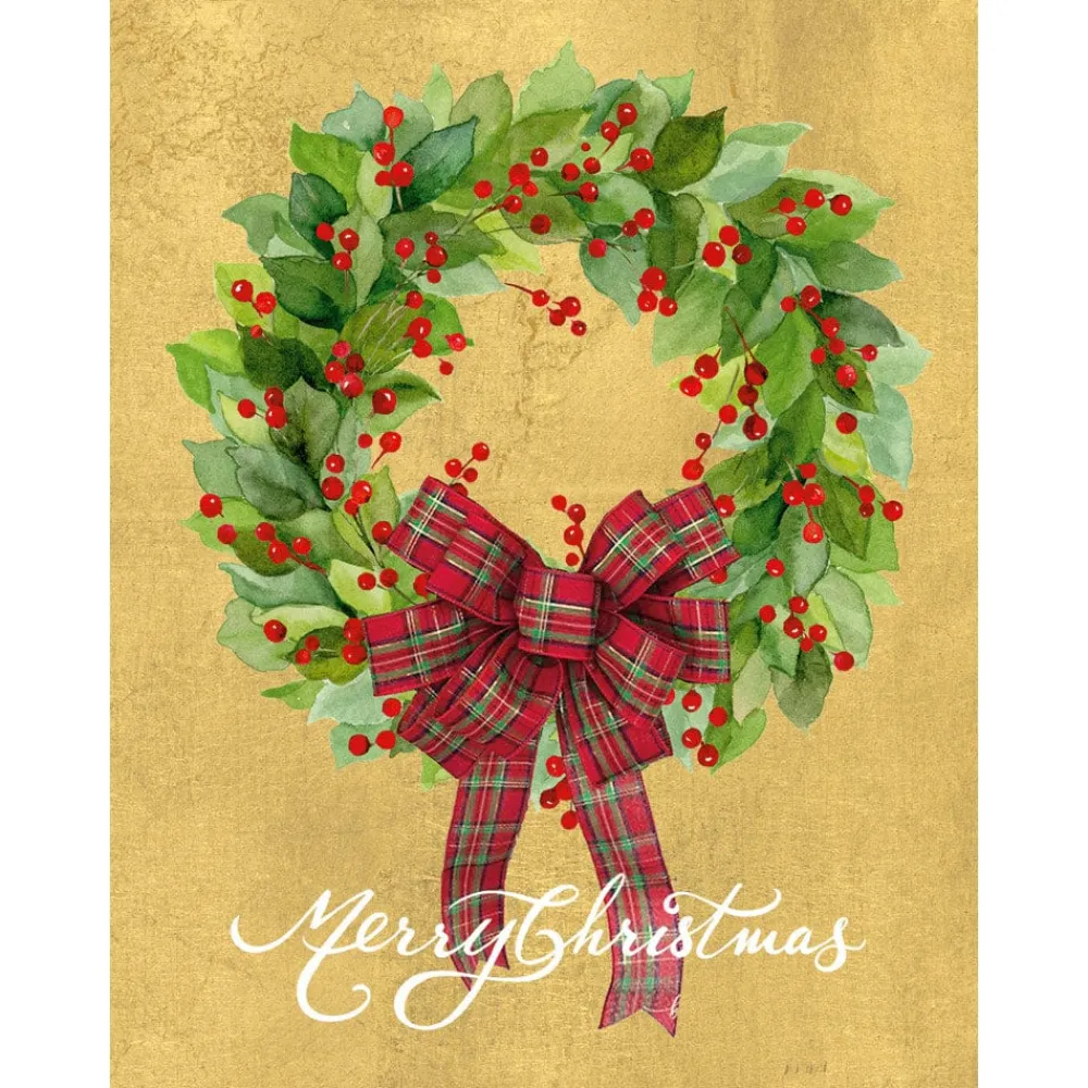 Personalization by Caspari Personalized Holiday Cards|Personalized Christmas Cards|Leaf Wreath with Plaid Bow Personalized Christmas Cards