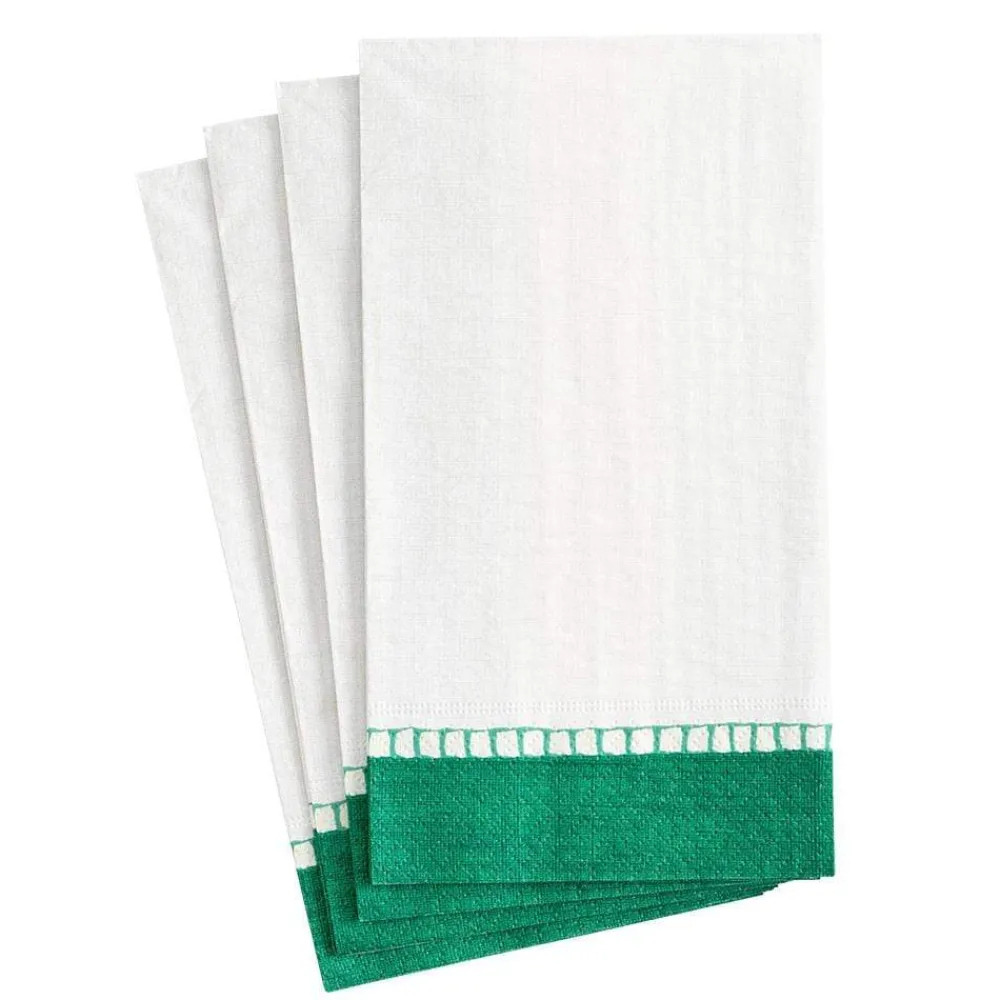 Caspari Christmas Napkins|Tailgates|Linen Border Paper Guest Towel Napkins in Emerald - 15 Per Package