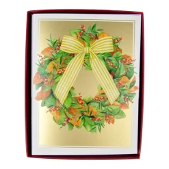 Caspari Christmas And Holiday Cards|Boxed Holiday Cards|Magnolia Wreath With Striped Bow Large Boxed Christmas Cards - includes 15 Boxed Christmas Cards & Envelopes