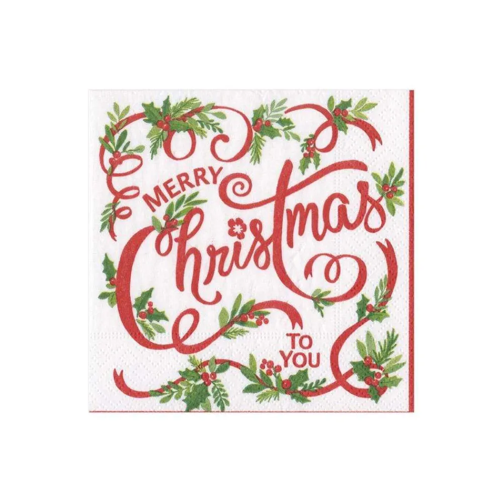 Caspari Christmas Napkins|Paper Cocktail Napkins|Merry Christmas to You Paper Cocktail Napkins - 20 Per Package