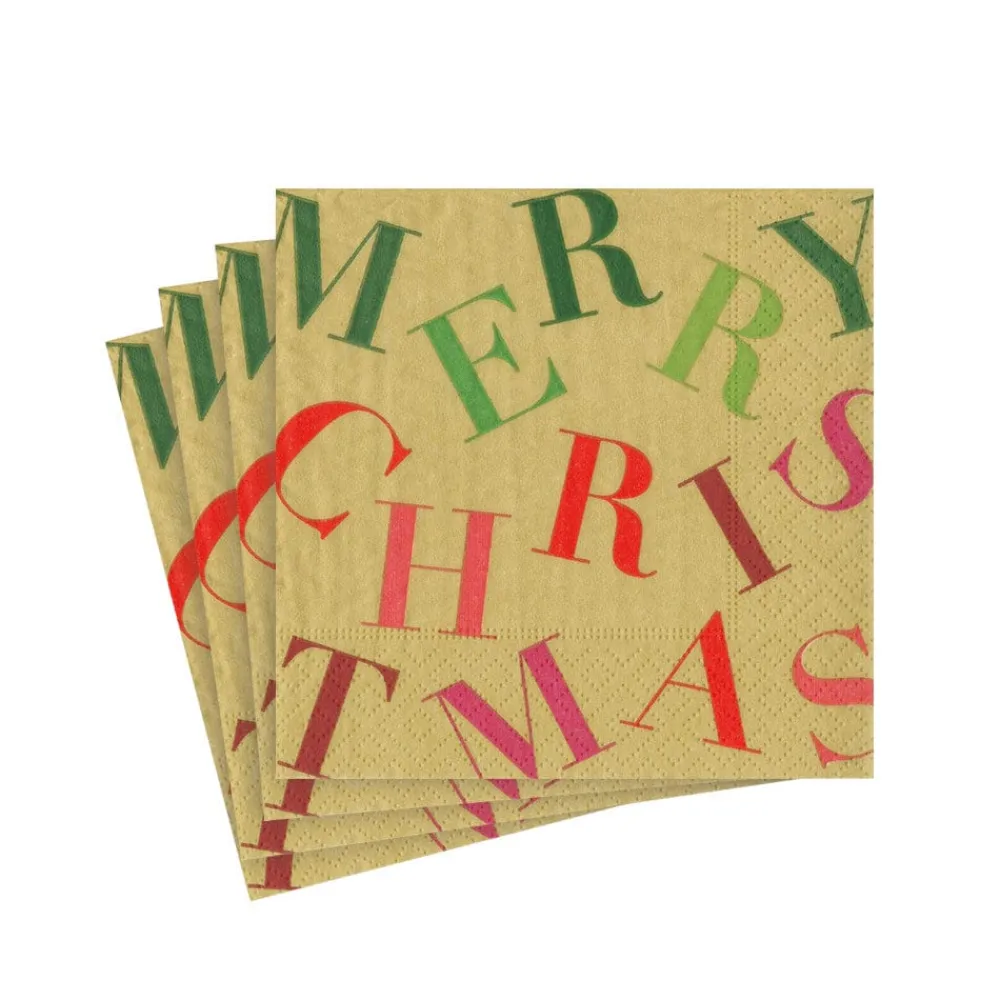 Caspari Christmas Napkins|Paper Cocktail Napkins|Merry Christmas Toss Paper Cocktail Napkins in Gold - 20 Per Package