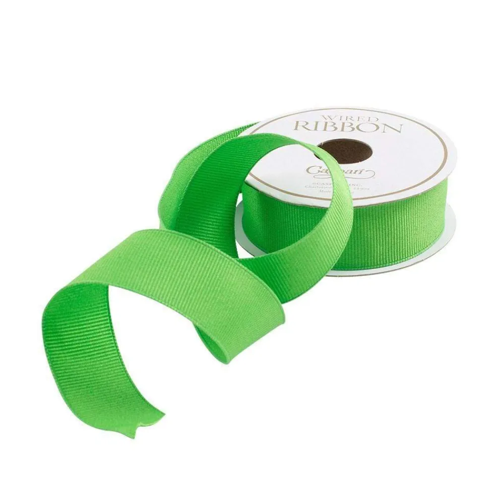 Caspari Christmas Ribbons & Bows|Ribbons & Bows|Narrow Lime Green Grosgrain Satin Wired Ribbon - 8 Yard Spool