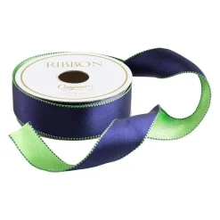 Caspari Ribbons & Bows|Navy & Green Reversible Satin Wired Ribbon - 10 Yard Spool