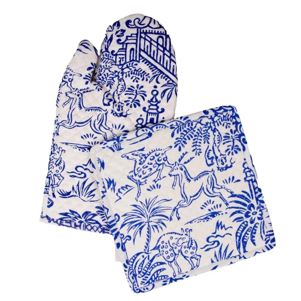 Caspari Kitchen Essentials|Pagoda Toile Blue & White Oven Mitts And Pot Holders Set - 1 Piece Of Each