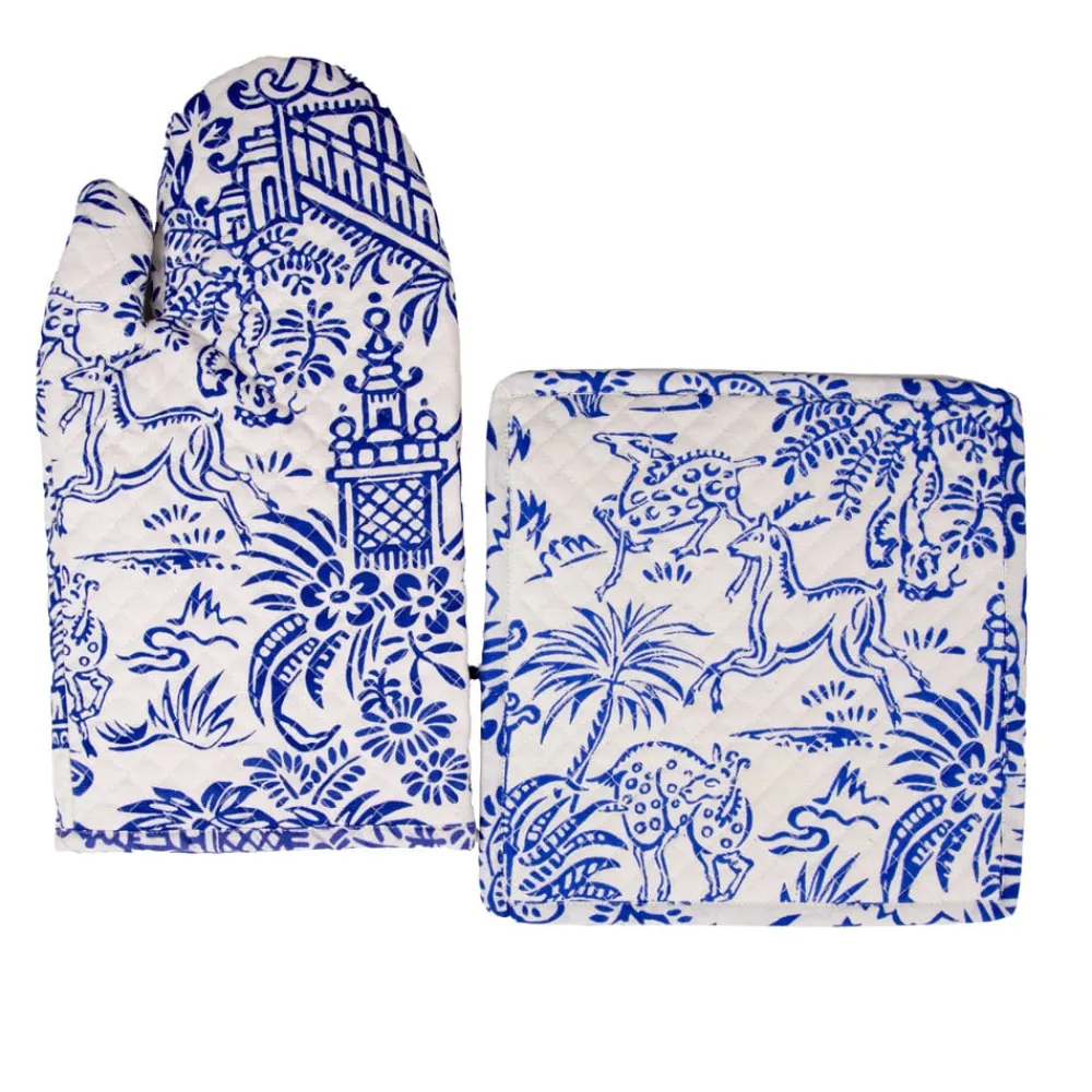 Caspari Kitchen Essentials|Pagoda Toile Blue & White Oven Mitts And Pot Holders Set - 1 Piece Of Each