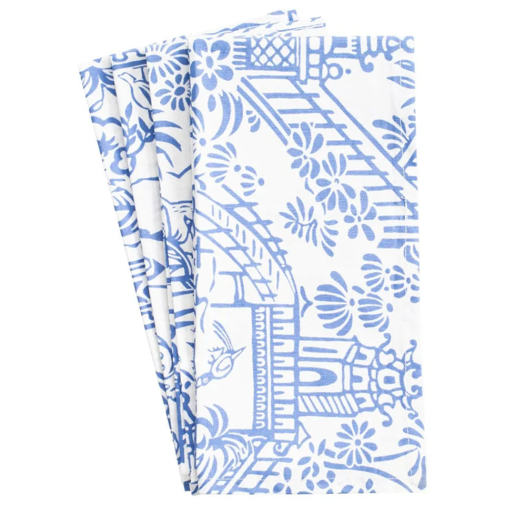 Caspari Kitchen Essentials|Cloth & Linen Napkins|Pagoda Toile Cotton Dinner Napkins in Blue & White - Set of 4