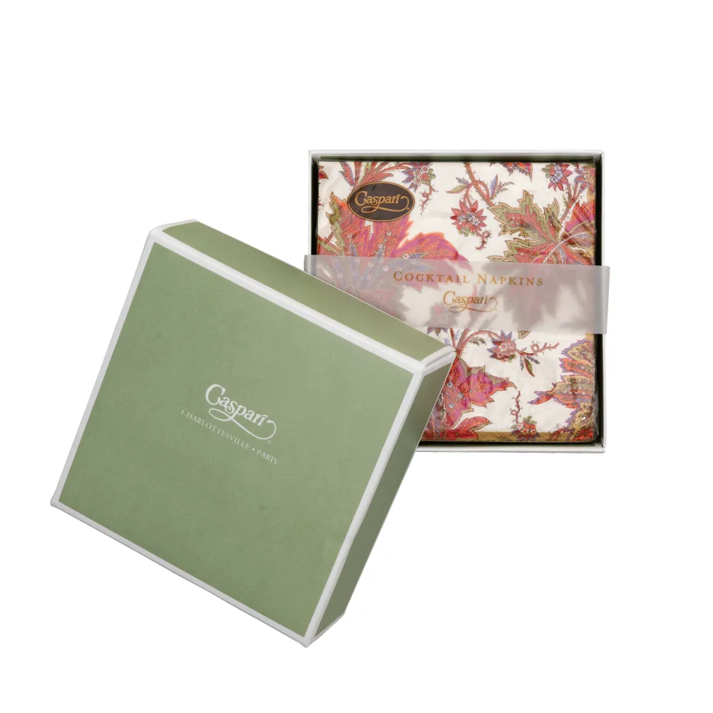 Caspari Boxed Cocktail Napkins|Paisley Leaves Ivory Boxed Cocktail Napkins - includes 12 Boxed Cocktail Napkins