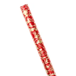 Caspari Christmas Wrapping Paper|Wrapping Paper|Palazzo Foil Metallic Gift Wrapping Paper in Red & Gold - 30" x 6' Roll