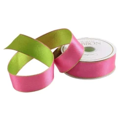 Caspari Ribbons & Bows|Pink & Green Reversible Satin Wired Ribbon - 10 Yard Spool