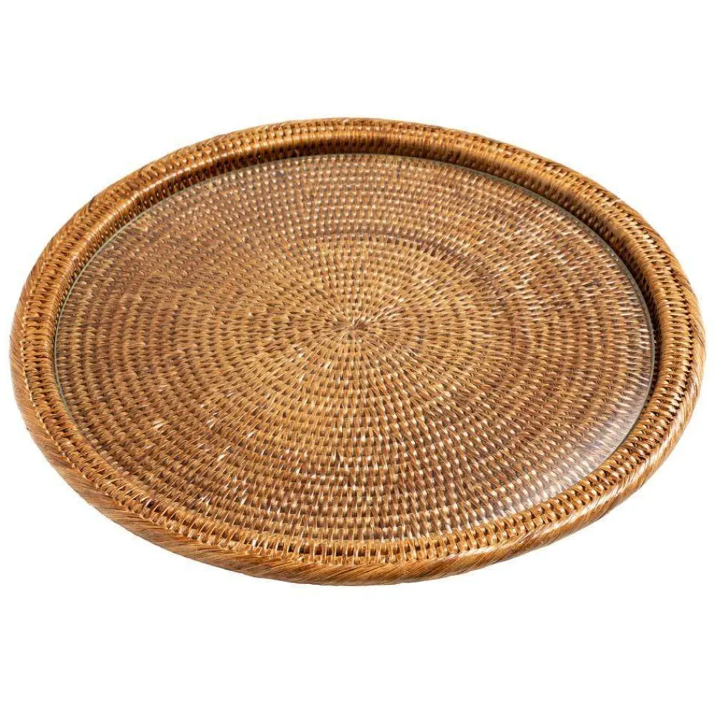Caspari Tailgates|Cocktail Party|Rattan & Glass Round Serving Platter in Dark Natural - 1 Each
