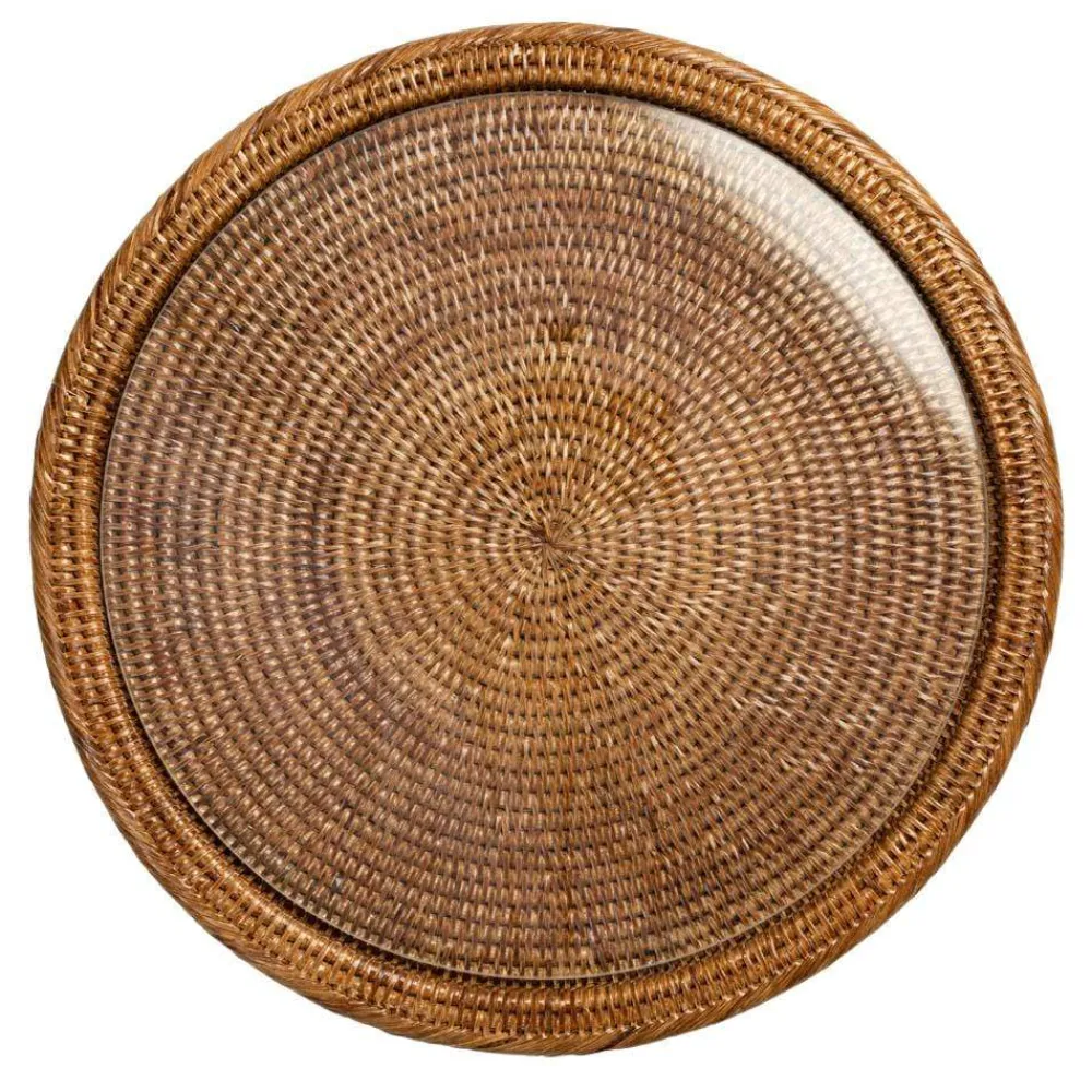 Caspari Tailgates|Cocktail Party|Rattan & Glass Round Serving Platter in Dark Natural - 1 Each