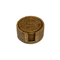 Caspari Tailgates|Cocktail Party|Rattan Round Coaster and Holder Set in Natural - Set of 6 Coasters and 1 Napkin Holder