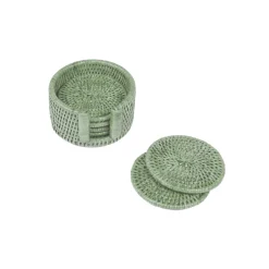Caspari Summer Picnic|Coasters|Rattan Round Coaster and Holder Set in Green - Set of 6 Coasters and 1 Napkin Holder