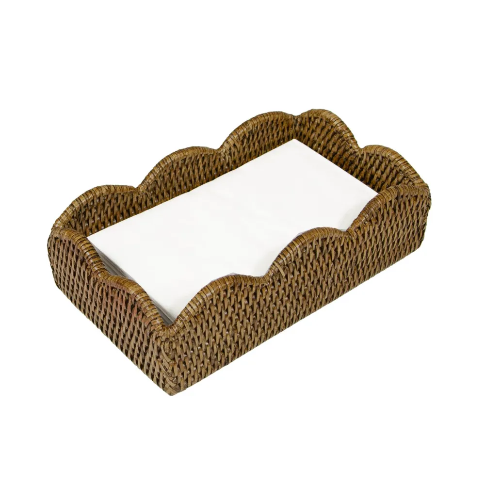 Caspari Tailgates|Rattan Trays And Accessories|Rattan Scalloped Guest Towel Napkin Holders in Natural - 1 Napkin Holder