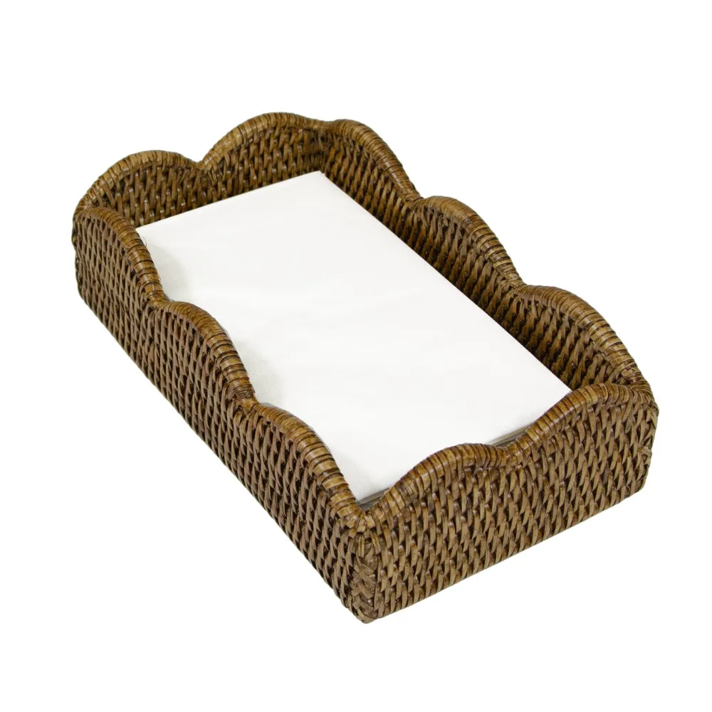 Caspari Tailgates|Rattan Trays And Accessories|Rattan Scalloped Guest Towel Napkin Holders in Natural - 1 Napkin Holder