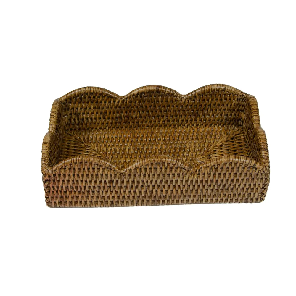 Caspari Tailgates|Rattan Trays And Accessories|Rattan Scalloped Guest Towel Napkin Holders in Natural - 1 Napkin Holder