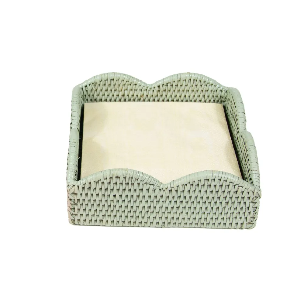 Caspari Summer Picnic|Rattan Trays And Accessories|Rattan Scalloped Luncheon Napkin Holders in Green - 1 Napkin Holder