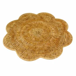 Caspari Rattan Trays And Accessories|Paper Placemats|Rattan Scalloped Round Placemat in Honey - 1 Placemat