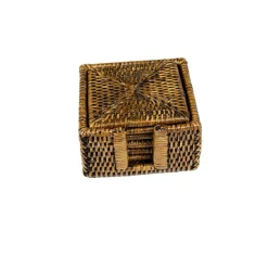 Caspari Tailgates|Coasters|Rattan Square Coaster and Holder Set in Natural - Set of 6 Coasters and 1 Napkin Holder