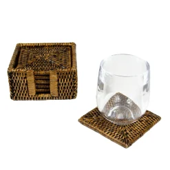 Caspari Tailgates|Coasters|Rattan Square Coaster and Holder Set in Natural - Set of 6 Coasters and 1 Napkin Holder