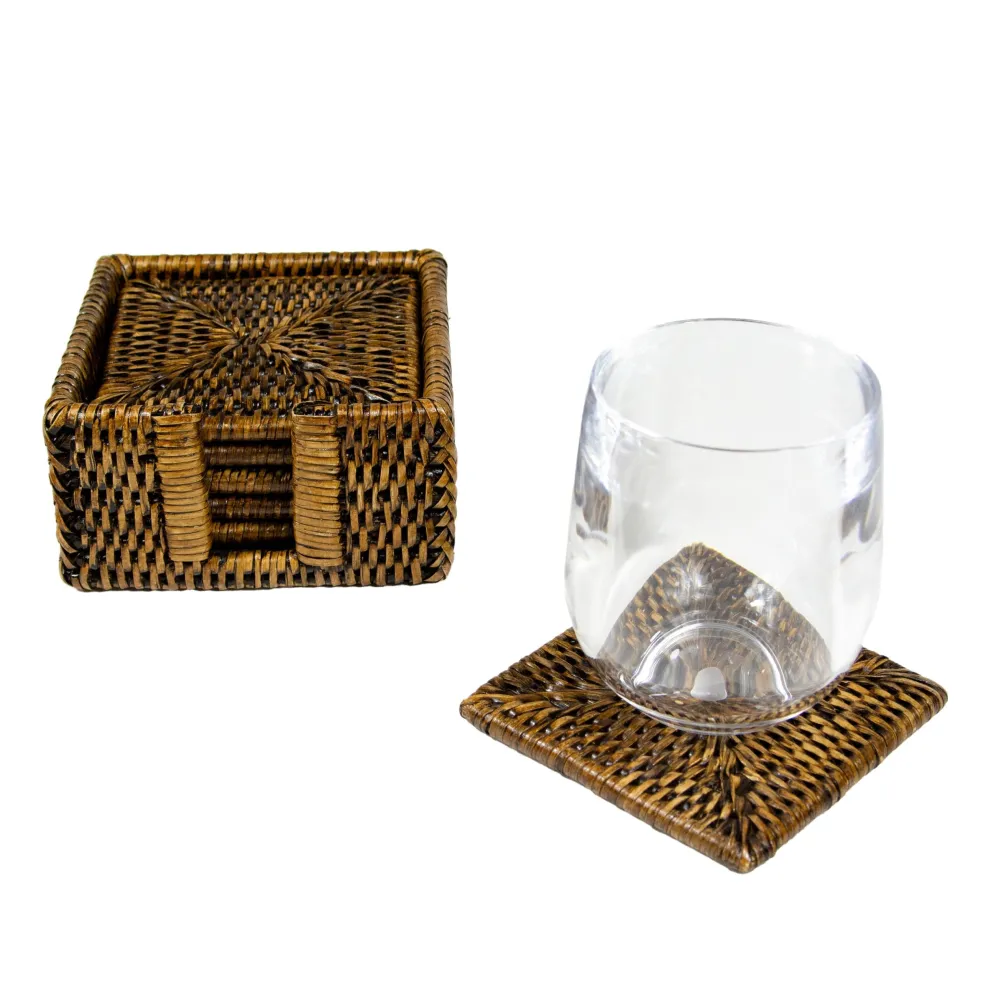 Caspari Tailgates|Coasters|Rattan Square Coaster and Holder Set in Natural - Set of 6 Coasters and 1 Napkin Holder