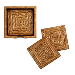 Caspari Tailgates|Memorial Day|Rattan Square Coasters & Holder in Dark Natural - Set of 6