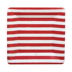 Caspari Christmas Plates|Fourth Of July|Red and White Stripe Square Paper Salad & Dessert Plates - 8 Per Package