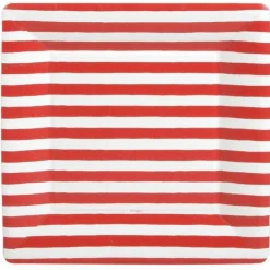 Caspari Christmas Plates|Fourth Of July|Red and White Stripe Square Paper Dinner Plates - 8 Per Package