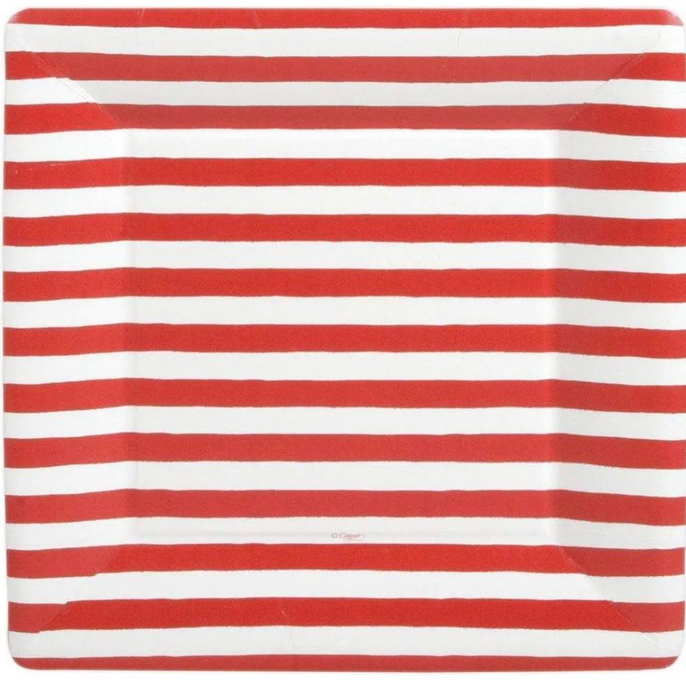 Caspari Christmas Plates|Fourth Of July|Red and White Stripe Square Paper Dinner Plates - 8 Per Package