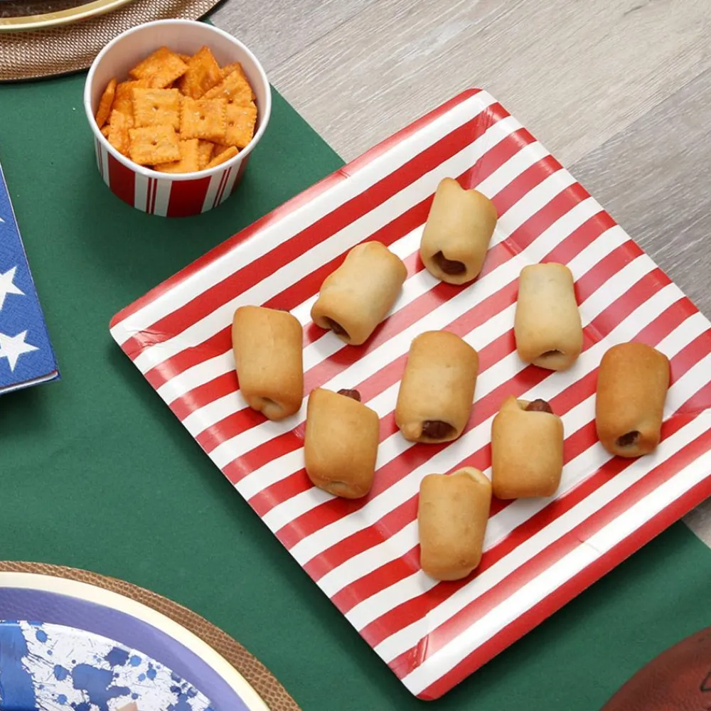 Caspari Christmas Plates|Fourth Of July|Red and White Stripe Square Paper Dinner Plates - 8 Per Package