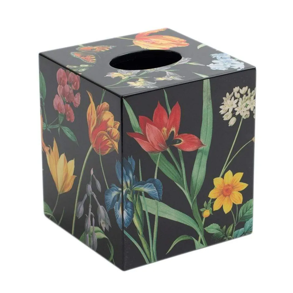 Caspari Lacquerware|Mother'S Day|Redouté Floral Lacquer Tissue Box Cover in Black - 1 Each