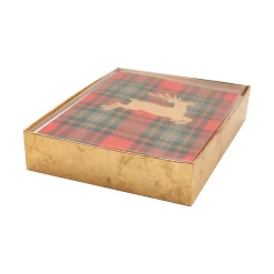 Caspari Christmas And Holiday Cards|Boxed Holiday Cards|Reindeer Tartan Foil Classic Boxed Christmas Cards - includes 10 cards & envelopes