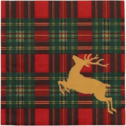 Caspari Paper Dinner Napkins|Reindeer Tartan Red Dinner Napkins - includes 20 Dinner Napkins