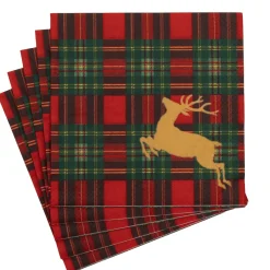 Caspari Paper Dinner Napkins|Reindeer Tartan Red Dinner Napkins - includes 20 Dinner Napkins