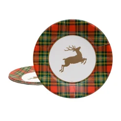 Caspari Paper Dinner Plates|Reindeer Tartan Red Paper Dinner Plates - includes 8 Paper Dinner Plates