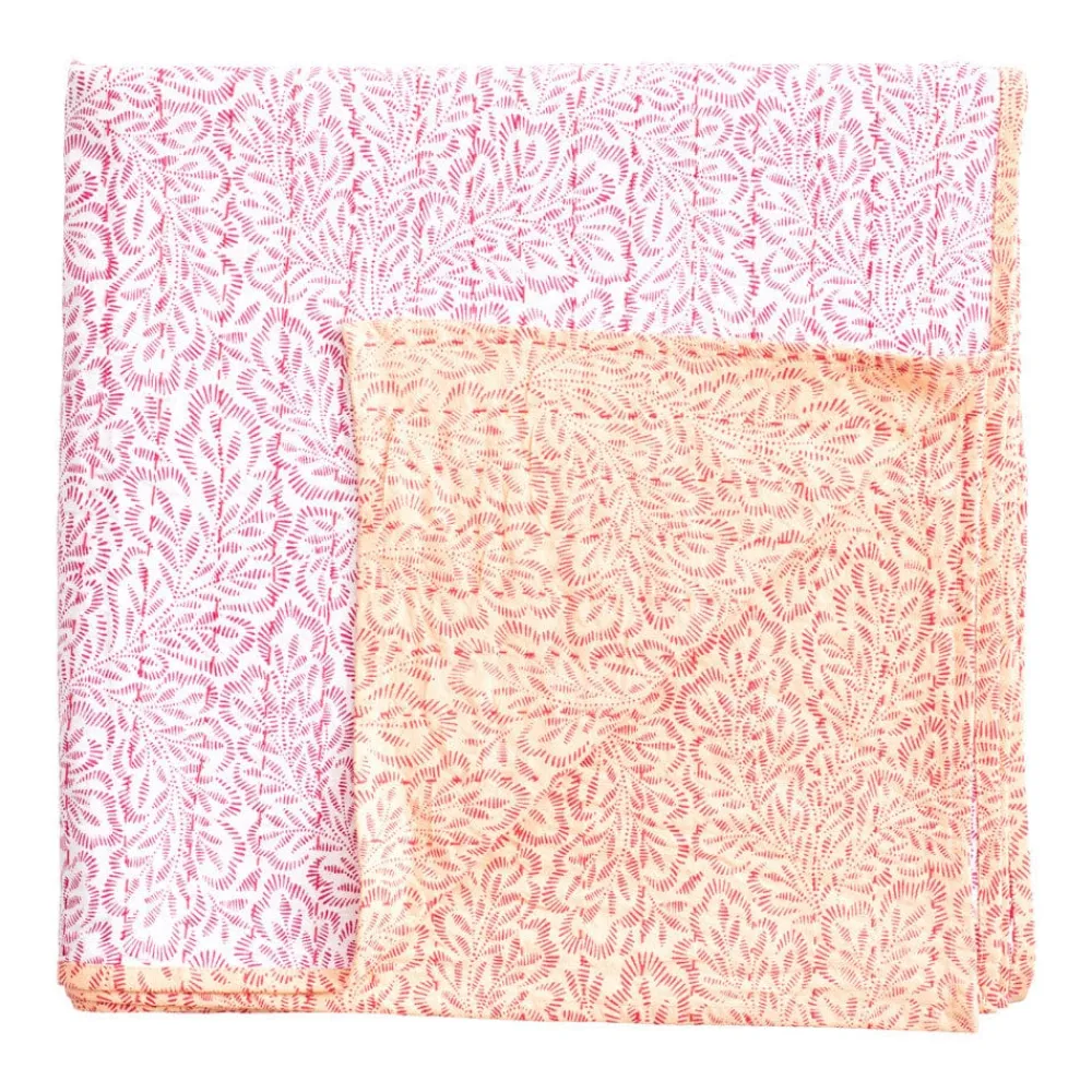 Caspari Tailgates|Summer Picnic|Reversible Kantha Table Cover in Fuchsia Block Print Leaves - 1 Each
