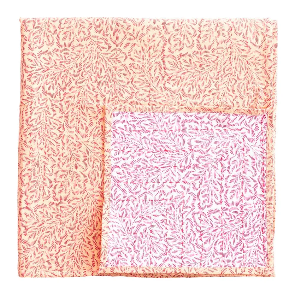 Caspari Tailgates|Summer Picnic|Reversible Kantha Table Cover in Fuchsia Block Print Leaves - 1 Each