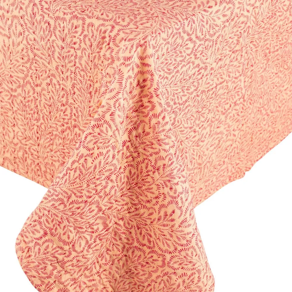 Caspari Tailgates|Summer Picnic|Reversible Kantha Table Cover in Fuchsia Block Print Leaves - 1 Each