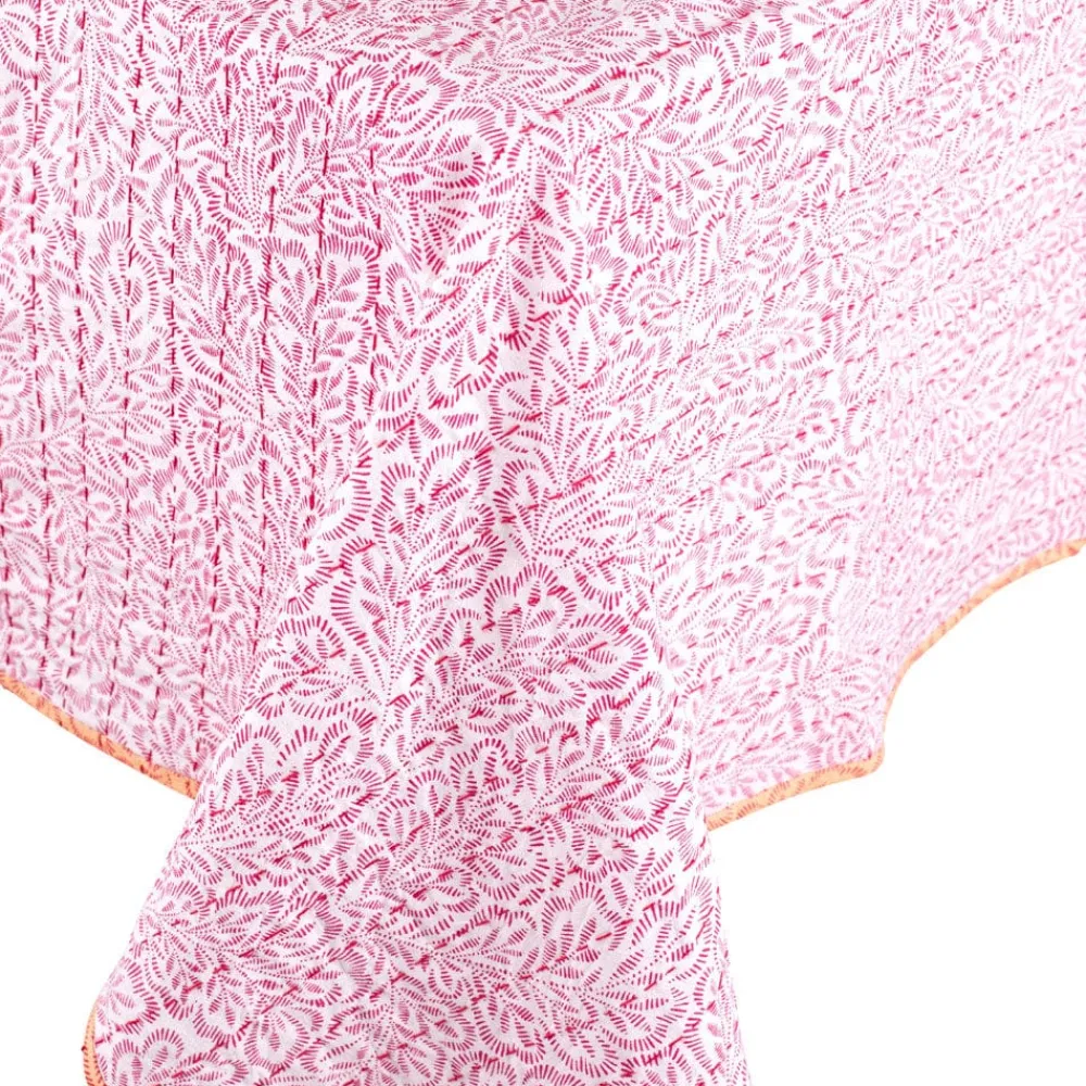 Caspari Tailgates|Summer Picnic|Reversible Kantha Table Cover in Fuchsia Block Print Leaves - 1 Each
