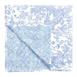 Caspari Tailgates|Memorial Day|Reversible Kantha Table Cover in Blue & White Pagoda Toile - 1 Each
