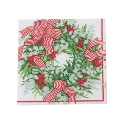 Caspari Christmas Napkins|Paper Cocktail Napkins|Ribbon Stripe Wreath Cocktail Napkins - 20 Per Package