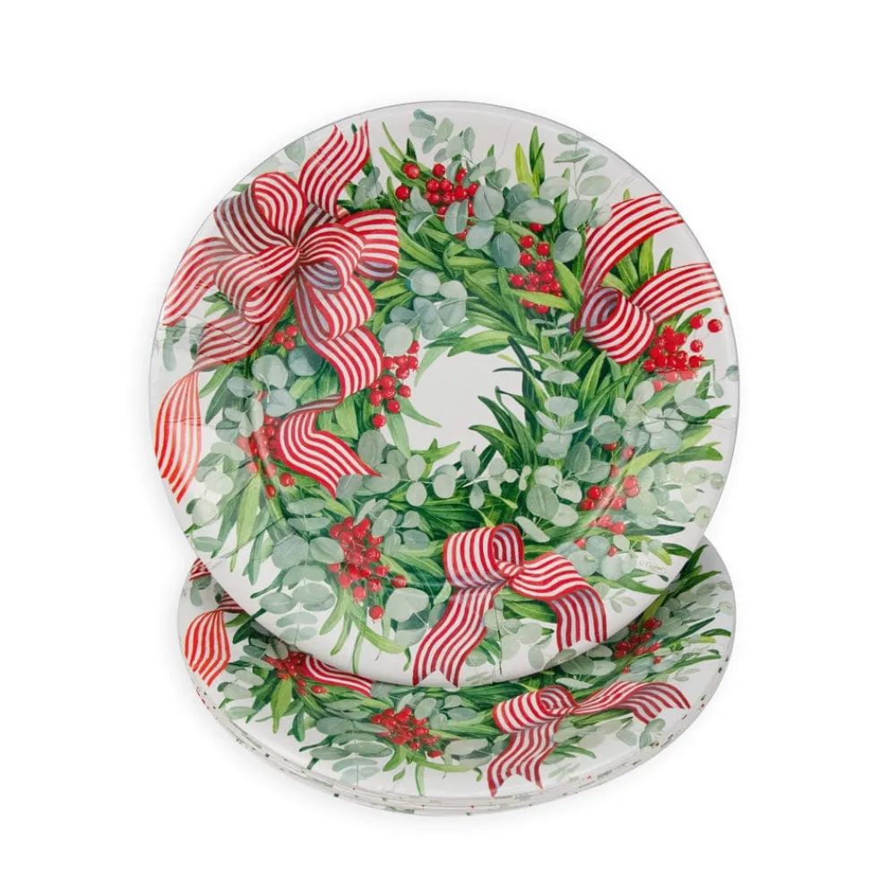 Caspari Paper Dinner Plates|Ribbon Stripe Wreath Dinner Plates - 8 Per Package