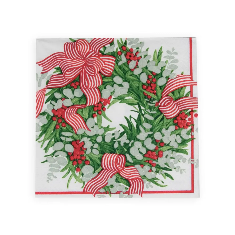 Caspari Christmas Napkins|Paper Luncheon Napkins|Ribbon Stripe Wreath Luncheon Napkins - 20 Per Package