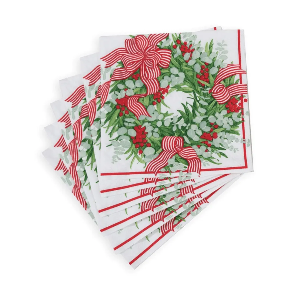 Caspari Paper Dinner Napkins|Ribbon Stripe Wreath Napkin Dinner - 20 Per Package, 2 Packages