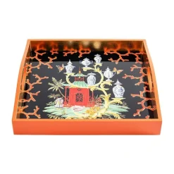 Caspari Lacquerware|Bar Trays|Rococo Fantasy Lacquer Square Tray in Black - 1 Each