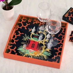 Caspari Lacquerware|Bar Trays|Rococo Fantasy Lacquer Square Tray in Black - 1 Each
