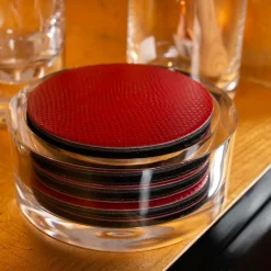 Caspari Father'S Day|Mother'S Day|Round Snakeskin Felt-Backed Coasters & Holder Gift Set in Crimson