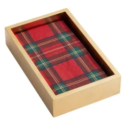 Caspari Christmas Napkins|Tailgates|Royal Plaid Guest Towel Napkins & Gold Lacquer Holder Gift Set