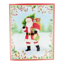 Caspari Christmas And Holiday Cards|Boxed Holiday Cards|Santa With Botanical Border A-Size Boxed Christmas Cards - 15 Cards And Envelopes